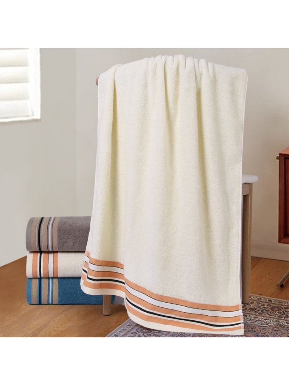 Cotton Bath Towel with Striped Hem - Cream